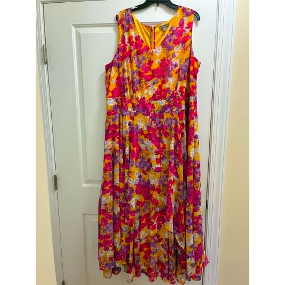 Jessica London Womens 24W Floral Maxi Dress Yellow Pink Sleeveless Plus Size